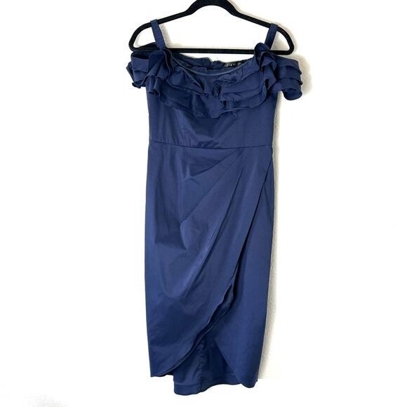 Aidan Mattox Navy Blue Off the Shoulder Ruffled Midi Dress Size 8 - Picture 2 of 6